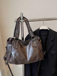 1pc Vintage Large Capacity Handbag, Vintage PU Messenger Shoulder Bag, Women Casual Tote Bag & Wallet, Bohemia Style Bag For Women, Tote Bags For School,College Essentials, Street & Japanese Bag For Women, New Fashionable Big Bags For Women, New Arrival Tote Bags For Woman , Vintage Bag , Y2k , Office - 咖啡棕 - 查看 3