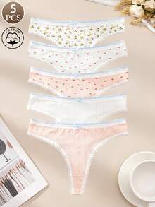 5条装女士内裤，蝴蝶结甜美花朵印花低腰内裤，柔软舒适的女士丁字裤 - 彩色 - 查看 1