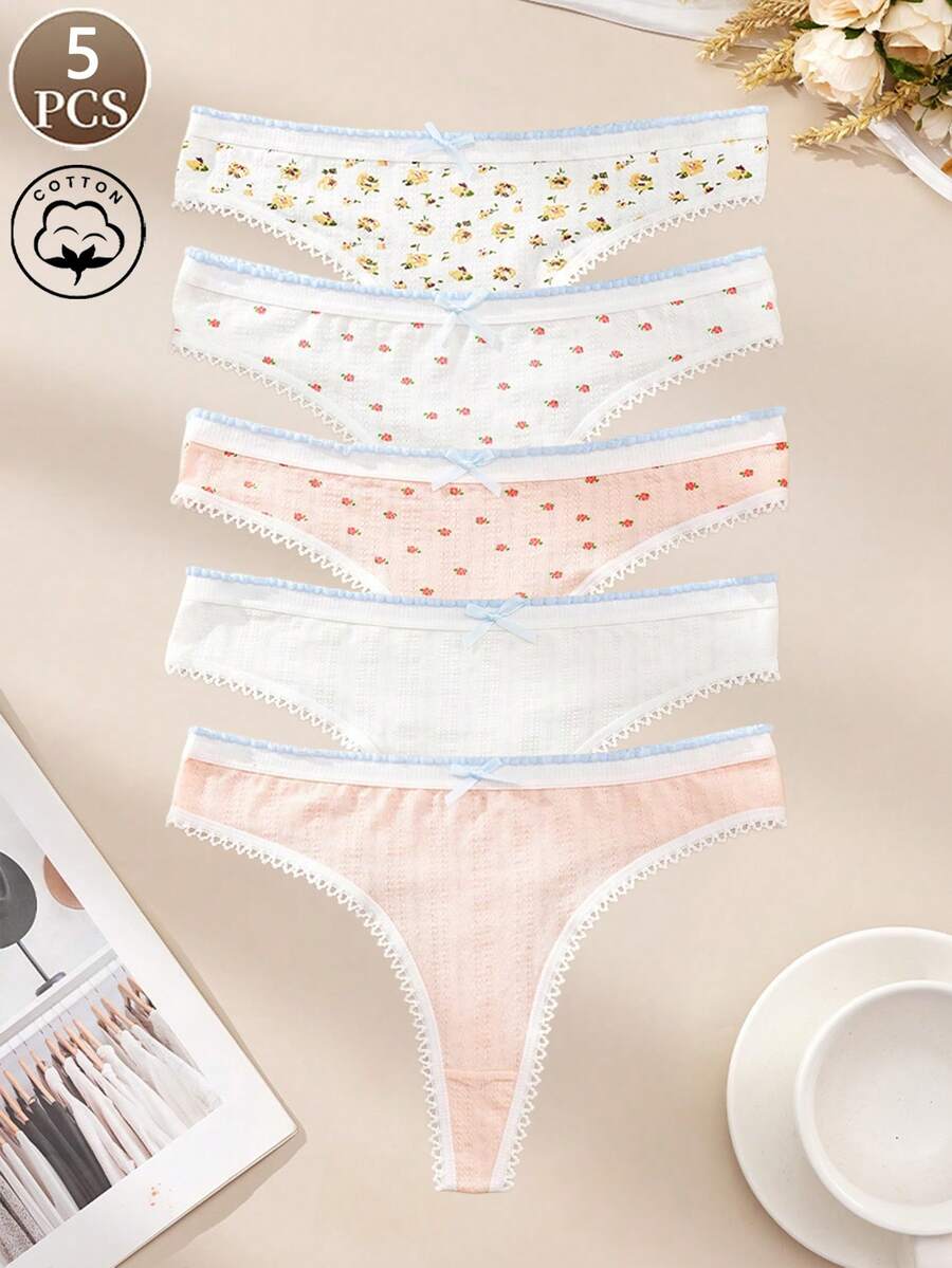 5条装女士内裤，蝴蝶结甜美花朵印花低腰内裤，柔软舒适的女士丁字裤 - 彩色 - 查看 1