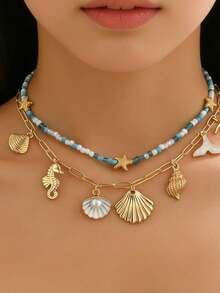 2pcs/Set Bohemian Island Style Ocean Creature Pendant Necklace, Handmade Beaded Choker Necklace, Fashionable Jewelry Set For Women, Suitable For Daily Wear, Beach, Party, Music Festival. The Handmade Chain Can Be Customized In Length. - Multicolor - View 2