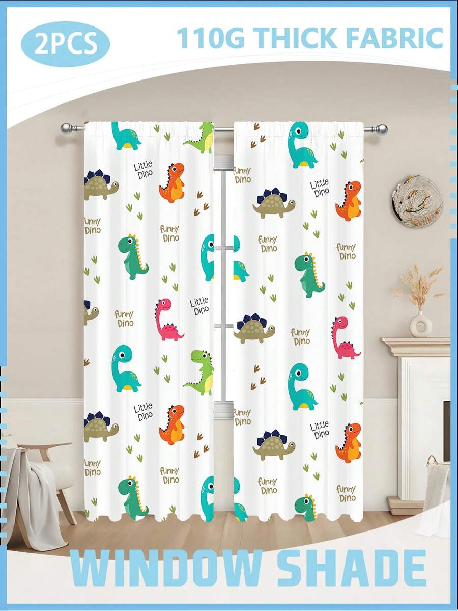 2 Stück 110g Cartoon Dinosaurier Verdunkelungsvorhänge für drinnen und Outdoor, Verdunkelungsvorhänge für Schlafzimmer und Wohnzimmer, Wärmeisolierung für Balkon, einfach aufzuhängen, moderner Stil, 100% Polyester - Verschiedenfarbig - Übersicht 1