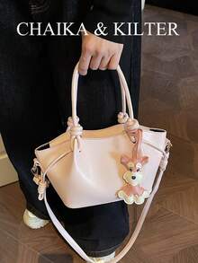 CHAIKA & KILTER 1 Stück einfarbige PU-Leder Umhängetasche, Damen Lässig Mode Beuteltasche mit plissiertem Design, verstellbarer Taillengurt, doppelte Griffe, Magnetverschluss, geeignet für Reisen, Einkaufen, Dates, Geschenke für Frauen, passend für Teenager, Studenten und Bürodamen, ideal für Büro, Schule, Arbeit, Pendeln, Outdoor, Reisen, Picknick (mit Anhänger verkauft) - Pink - Übersicht 8