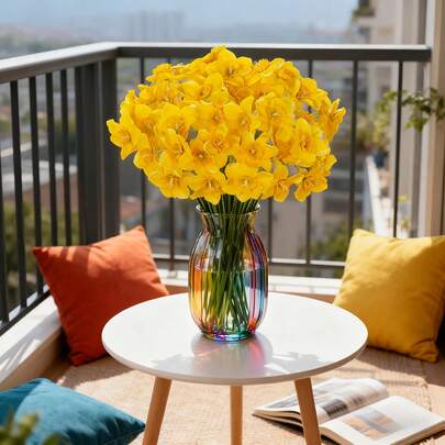 6支50枝逼真仿真黄色水仙花，耐用塑料假花，适用于家居、办公室、派对装饰、婚礼、全年节日、室内外装饰（不含花瓶）