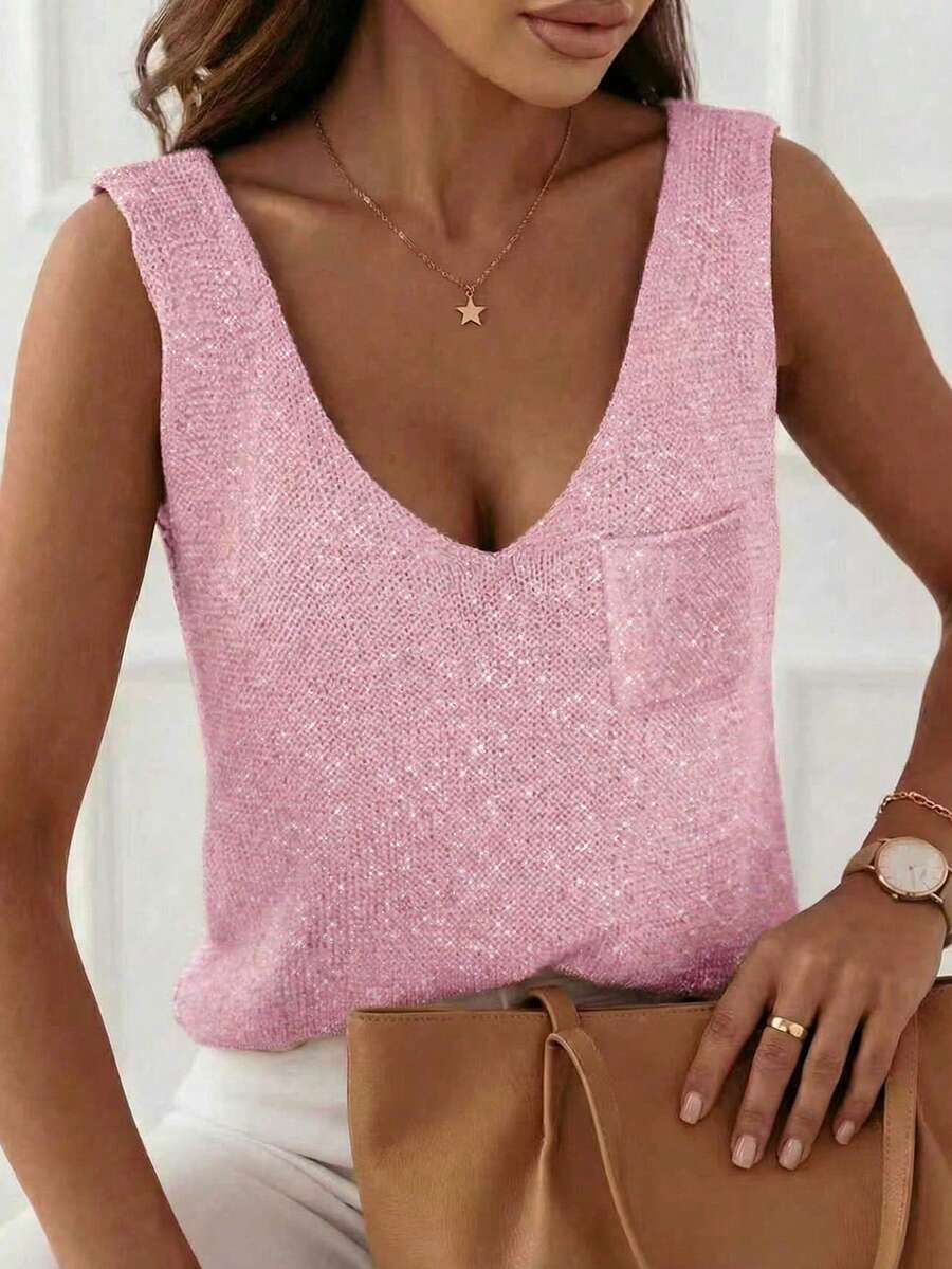 女款粉色 Y2K 螺紋針織吊帶上衣，U 領無袖附口袋，休閒素色，適合春夏海灘與度假