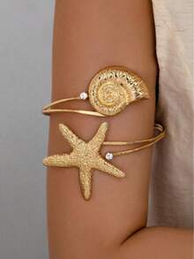 1pc Gold Seashell & Starfish Decor Arm Cuff, Summer Beach Vacation Style Arm Jewelry - Gold - View 1