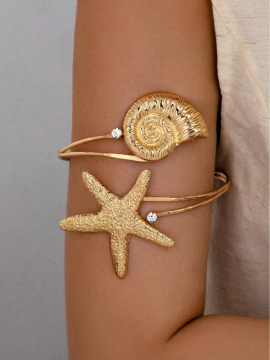 1pc Gold Seashell & Starfish Decor Arm Cuff, Summer Beach Vacation Style Arm Jewelry - Gold - View 1