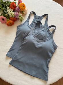 2pcs/Set Women's Summer Camisole Tops, Fitted Solid Color Basic Camisole With Chest Pads - Multicolor - View 3