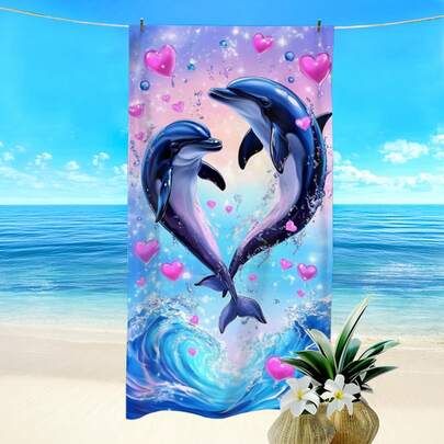 1pc Ocean Life Dolphin & Heart Print Beach Towel, Super Absorbent Quick Dry Swim/Bath Towel, Lightweight Soft Beach Blanket, Suitable For Beach, Swimming, Outdoor, Travel, Ideal Beach Essential