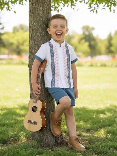 BOARNSEORL 两件套男童休闲套装 - 短袖衬衫和蓝色短裤，时尚有型，适合生日派对、郊游、户外旅行等场合。