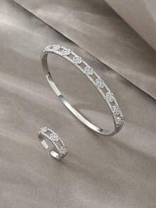 Juego de anillos y pulsera de plata, anillos y pulsera de múltiples capas entrelazados, elegante y lujoso conjunto de joyería, adecuado para uso diario, citas, fiestas y regalos - Plateado - View 3
