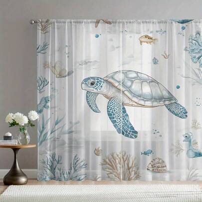 2pcs Ocean-Themed Tulle Curtains, Printed With Blue Watercolor Marine Life, Turtles, Corals And Tropical Fish, 2D Flat Print, Suitable For Bedrooms, Living Rooms And Dining Rooms.