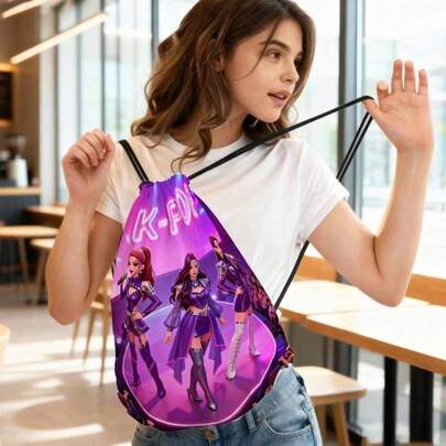 1 pieza Mochila con estampado gráfico de estilo coreano - Tela Oxford duradera con carcasa blanda y cierre de cordón, múltiples bolsillos, diseño de dibujos animados vibrante adecuado para fitness, yoga, viajes, deportes y uso diario