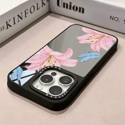 Mirrored Blue Butterfly & Pink Lily Multi-Function Makeup Mirror Phone Case, Minimalist Anti-Fall Versatile Protective Non-Yellowing, Suitable For Apple AIR/17proMax/17pro/17/15ProMax/15Pro/15Plus/15/XSMax/XR/X/7Plus/7/16ProMax/16Pro/16Plus/16/14ProMax/14Pro/14Plus/14/13ProMax/13Pro/13/12ProMax/12Pro/12/11ProMax/11/15ProMax/Ultra Series Phone Cases