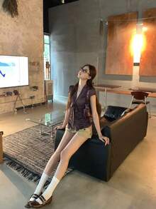 女士法式波点短袖露脐上衣，夏季 - 咖啡棕 - 查看 6