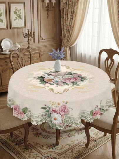 1pc Pink Rose Tablecloth, Vintage Floral Pattern Table Cover, Polyester Fabric, Round Square Rectangular Shape, Lace Edge, Stain-Resistant, Washable, Daily Home Decor, Wedding, Mother's Day, Father's Day, Festival Celebration, Kitchen Dining Table, All Seasons Use