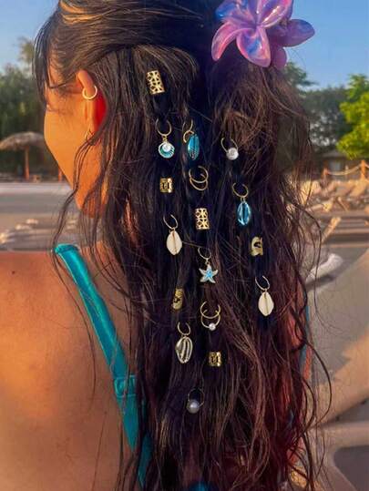32pcs Shell Pendant Braided Hair Rings, Beach Vacation Style Hair Accessories, Fashionable Braided Hair Clips For Women