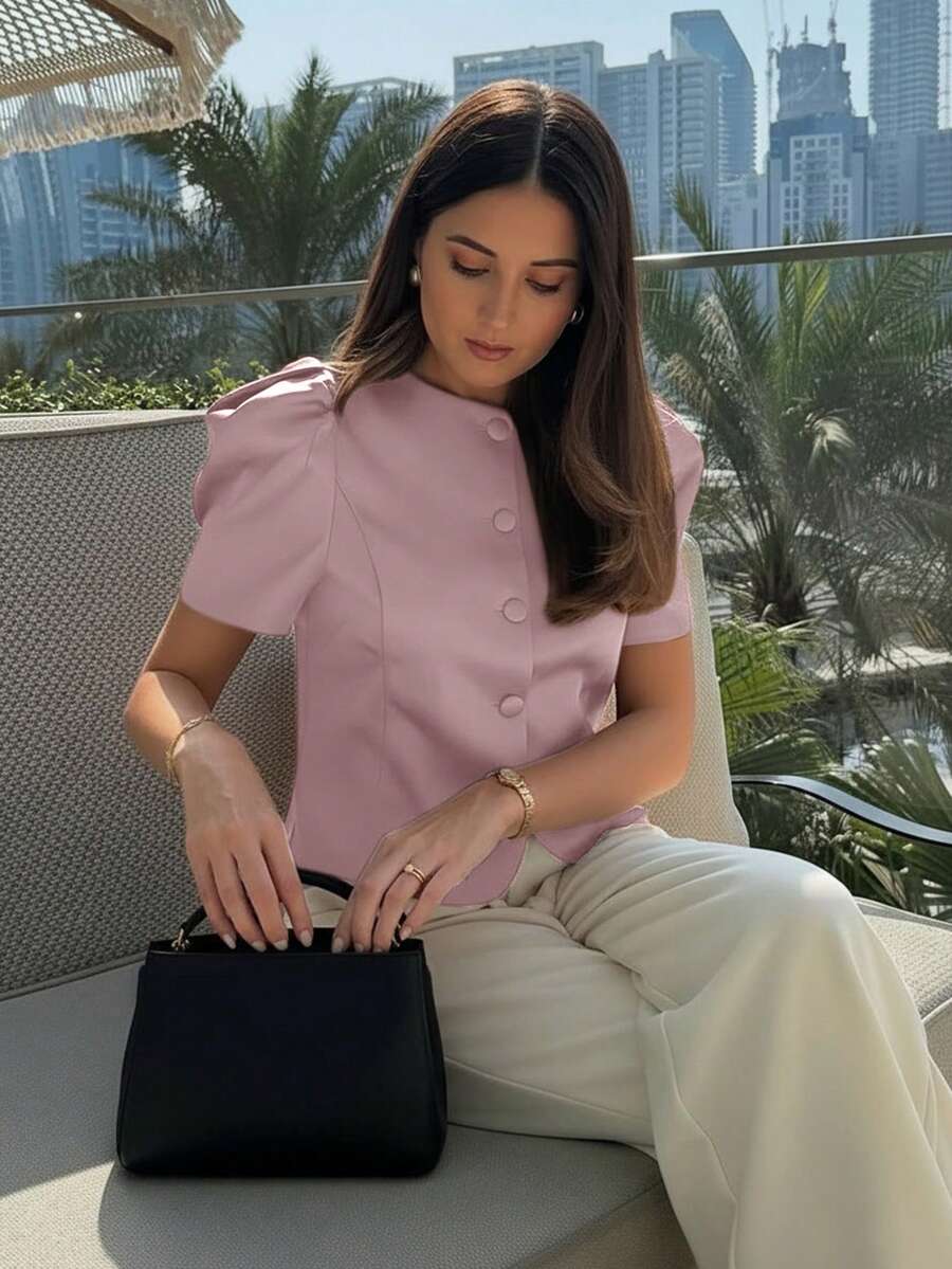 Áo kiểu nữ màu nâu cổ tròn, tay phồng, cài cúc phía trước, áo blazer tay ngắn thời trang, màu hồng mùa hè. - Hồng - Xem 1