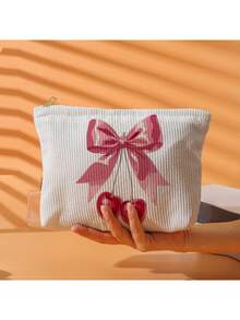 Cherry Bow Print Corduroy Cosmetic Bag, Women's Handheld Zipper Pouch, Lightweight Multifunctional Storage Bag Toiletries Bag Wash Bag Large Capacity Shower Bag For Women Mothers Day Gift Teacher Gift Cruise Essentials Travel Essential - Multicolor - View 1