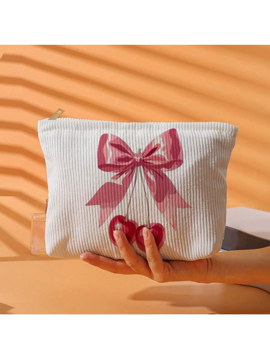 Cherry Bow Print Corduroy Cosmetic Bag, Women's Handheld Zipper Pouch, Lightweight Multifunctional Storage Bag Toiletries Bag Wash Bag Large Capacity Shower Bag For Women Mothers Day Gift Teacher Gift Cruise Essentials Travel Essential - Multicolor - View 1