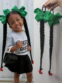 2件装儿童辫子假发，带蝴蝶结，末端带珠子，辫子马尾假发配饰，新款中国风马尾假发发片 - 黑色 - 查看 11