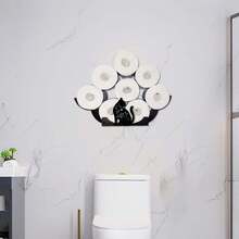 Charming Cat-Themed Toilet Paper Holder - Decorative Black Metal With Floral Accents, Wall-Mounted Or Freestanding For Bathroom, Holds 8 Rolls - A - View 10