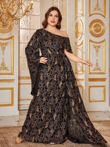 SUPGIR 【随机花卉图案】露肩派对连衣裙，饰有亮片刺绣、喇叭袖和缎带下摆 - 黑色 - 查看 3