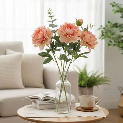 4pcs, 67cm/26.37inch Double-Layered Plastic Stem Artificial Peony Flowers, Vintage Style Pale Pink Blooms With Green Leaves, Natural Branch, Includes Unopened Buds, Approx. 47g Per Stem, Floral Arrangement, Home Decor, Wedding/Party, All Seasons