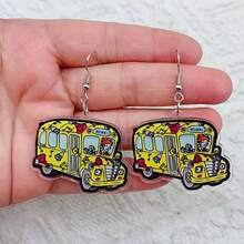 可爱返校季黄色校车耳坠，2D扁平亚克力趣味校车吊坠耳环，适合女性、女孩、学生，节日派对日常穿搭耳饰礼物 - A - 查看 3