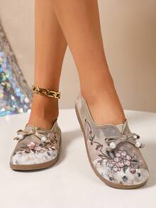 女士刺绣珍珠蝴蝶结休闲运动鞋，舒适日常通勤鞋，中国风，春秋季 - 咖啡棕 - 查看 4