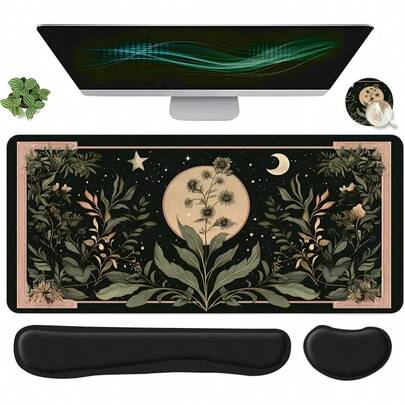 4pcs Vintage Botanical Moon Star Design Mouse Pad + Keyboard Wrist Rest + Ergonomic Mouse Pad + Coaster Set For Desktop Decoration, Office Accessories Set Ergonomic Wrist Support, Computer Mat Mouse Pad Coaster Suitable For Home Office Gaming