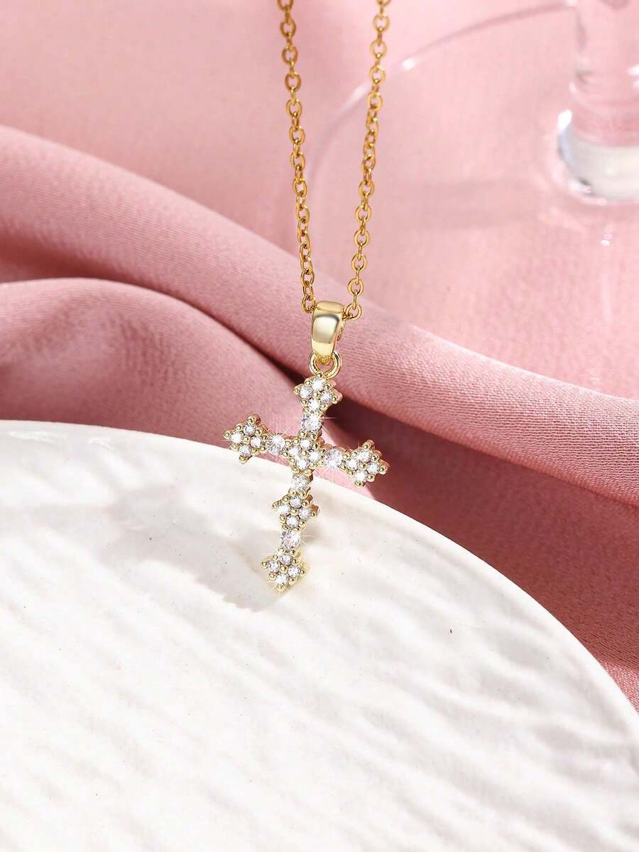 1pc Stainless Steel Cross Pendant Necklace With Zirconia, Suitable For Women's Daily Wear - 黃金-1 - 查看 1