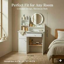 White Vanity Desk With LED Light Mirror, Makeup Table With Drawer & Storage Shelves, Multifunctional Bedroom Dresser, Perfect Gift For Women & Girls - White - View 3