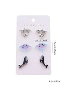 3 Pairs/Set Bling Bling Ocean Style Cute Animal Acrylic Stud Earrings Set, Shark, Manta Ray, Whale, Adorable & Fun Earrings, Holiday Gift - Alien Three-piece Set - View 5
