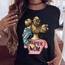 Maycaur Women Cartoon Mom Mother Boy Girl Print Mother Lady T-Shirts Casual Top T Shirt Ladies Womens Graphic Female Tee T-Shirt - 黑色 - 查看 1