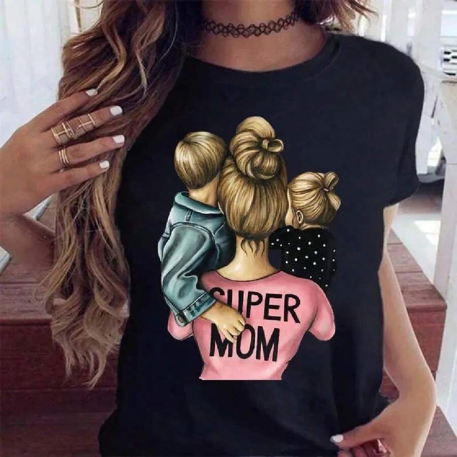 Maycaur Women Cartoon Mom Mother Boy Girl Print Mother Lady T-Shirts Casual Top T Shirt Ladies Womens Graphic Female Tee T-Shirt - màu đen - Xem 1