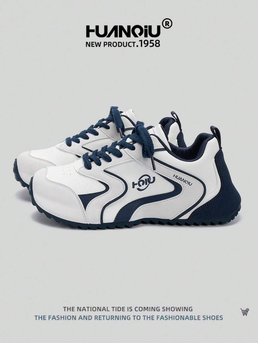 HUANQIU 2026新款男鞋，男士运动鞋，厚底休闲鞋，时尚多功能轻便舒适系带厚底运动鞋，软底休闲鞋，跑步鞋，米色和蓝色四季鞋 - 藍白色 - 查看 1