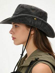 1pc Women's Spring/Summer Foldable Solid Color Bucket Hat With Windproof Rope, Fashionable Sun Hat, Wide Brim Beach Hat - MZ698S - View 1