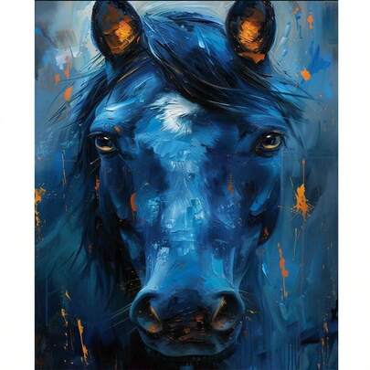 1 pieza Pintura de diamantes 2D DIY de caballo azul, estilo de pintura al óleo de cabeza de animal, decoración del hogar DIY con pintura colgante de diamante de imitación, perfecto para regalos de vacaciones