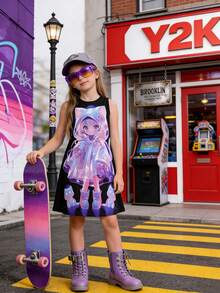 女童休闲3D卡通人物无袖可爱连衣裙,适合日常穿着、外出、度假、优雅派对、毕业典礼、返校、复活节等场合。 - 彩色 - 查看 4