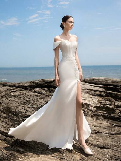 HEARBOBO 复古优雅缎面单肩开衩白色美人鱼婚纱