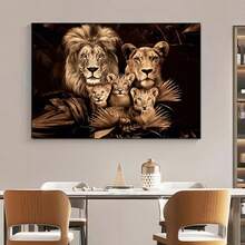 1pc Luxury Unframed Lion Family Canvas Poster, High Definition Brown Lion Family Art Print With Textured Fur Details, Modern Wildlife Style Wall Decor And Poster Suitable For Office, Man Cave - A - View 2