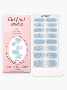 16Pcs Spring/Summer Blue Silver Glitter Waves Semi-Cured Gel Nail Strip,Fresh Luxurious Style Nail Stickers, Self-Adhesive Easy To Apply,Suitable For Women And Girls Home DIY Manicure - Baby Blue - View 3