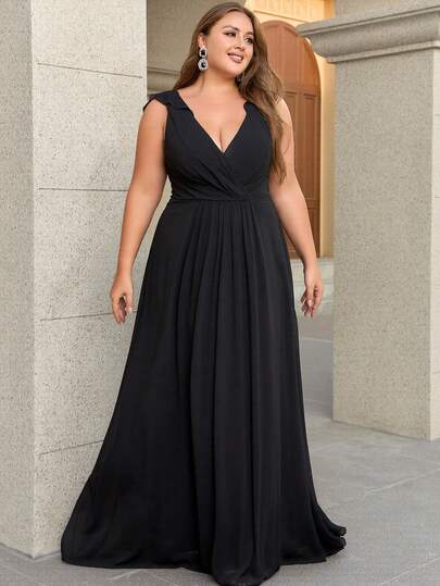 女士大码优雅纯色成熟派对雪纺褶皱胸部拉链V领伴娘礼服飘逸雪纺长款正式晚礼服，适合婚礼宾客、新娘母亲、教堂、正式鸡尾酒会、毕业派对、春夏秋季穿着