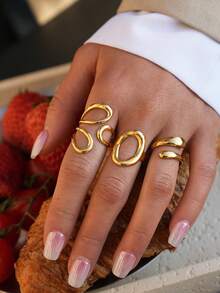 3pcs/1pc Set Fashionable Silver Asymmetrical Open Ring Set For Women - Exquisite Geometric Hollow Exaggerated Rings, Modern Everyday Wear Finger Accessories Suitable For Party, Wedding, Birthday, Valentine's Day Gift - Gold - View 4