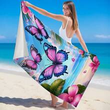 1pc Butterfly & Flower Landscape Printed Beach Towel, Super Absorbent Quick Dry Towel For Swimming, Soft & Lightweight Beach Blanket, Ideal For Beach, Swimming, Outdoor, Travel - A - View 3