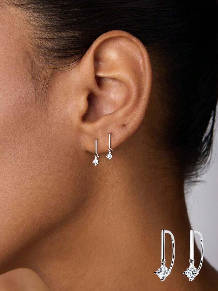 1只925纯银D形耳环，镶嵌单颗钻石，奢华精致风格，女士适用。 - 單隻 - 查看 1