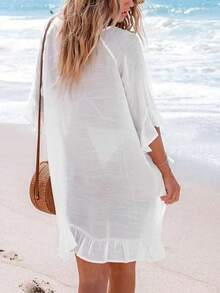 Đầm nữ màu trắng kiểu Bohemian dáng chữ A dài đến đầu gối, tay lỡ 3/4, kiểu dáng thanh lịch, thích hợp mặc đi biển mùa xuân. - Pearl White - Xem 4