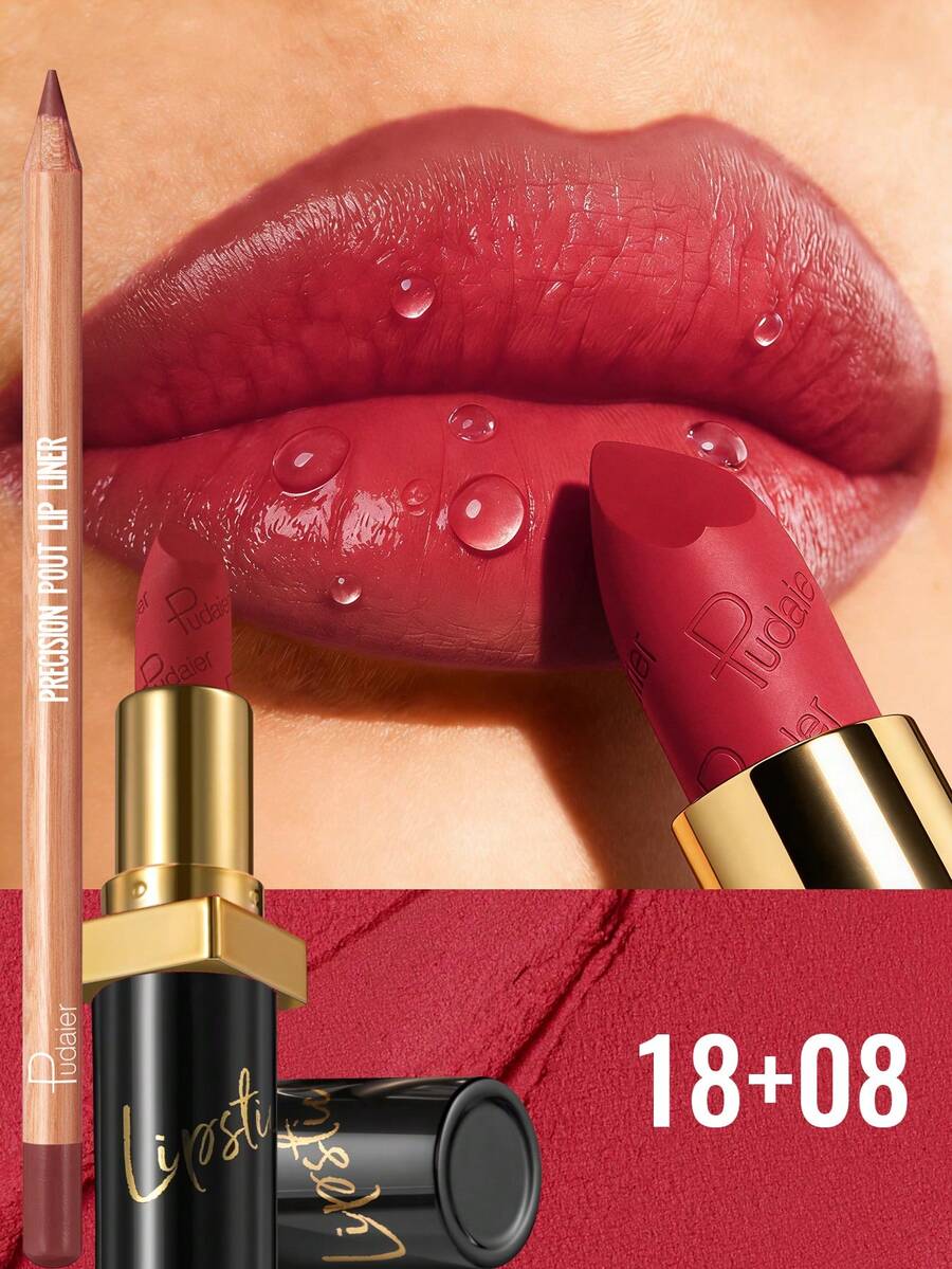 Pudaier 2支/套唇线笔和哑光唇膏套装，顺滑持久防水，勾勒完美唇线，适合日常使用和节日送礼。 - 18+08 - 查看 1