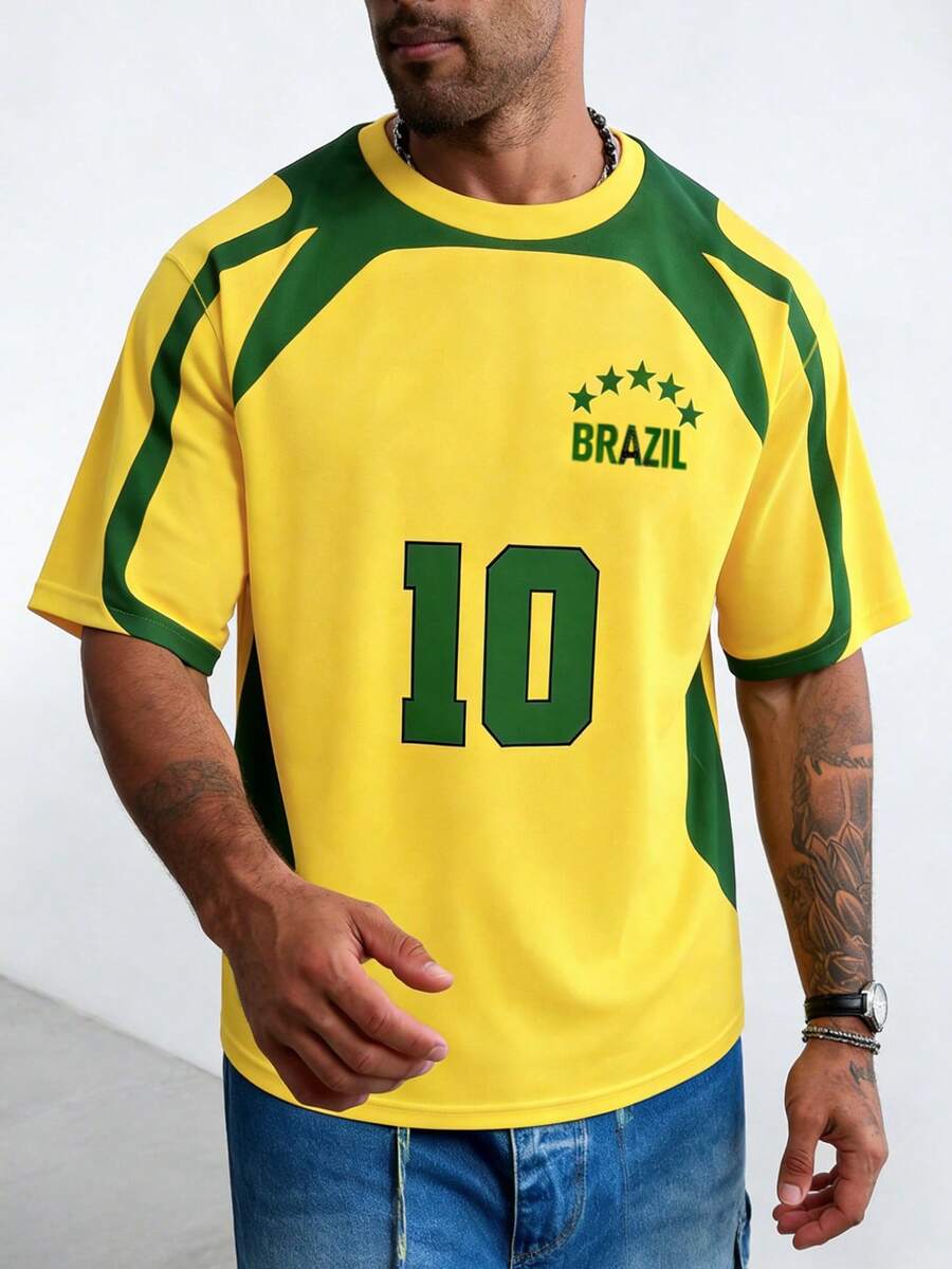 Áo thun nam tay ngắn màu đen phối màu kiểu bóng đá Brazil, dáng rộng. - Nhiều màu - Xem 1