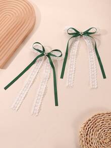 2个装女士时尚优雅绿白蕾丝蝴蝶结珍珠双层蝴蝶发夹，适合春夏日常佩戴 - 彩色 - 查看 3